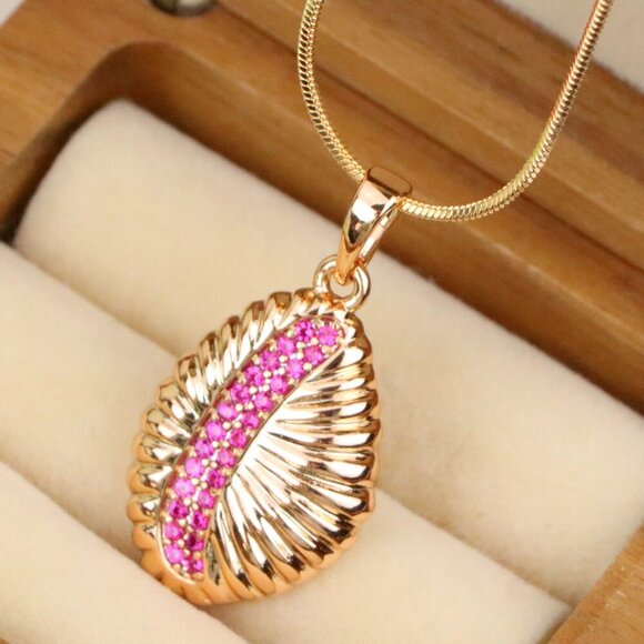 "Rose Gold Textured Pendant with Pink Stone Accent in Leaf Design, XPPT1490 - Picture 1 of 13